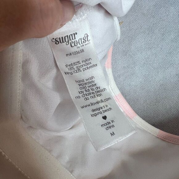 Sugar Coast Pink White Striped Ruffle Neckline Low Back One Piece Swimsuit Sz MD - Picture 8 of 9